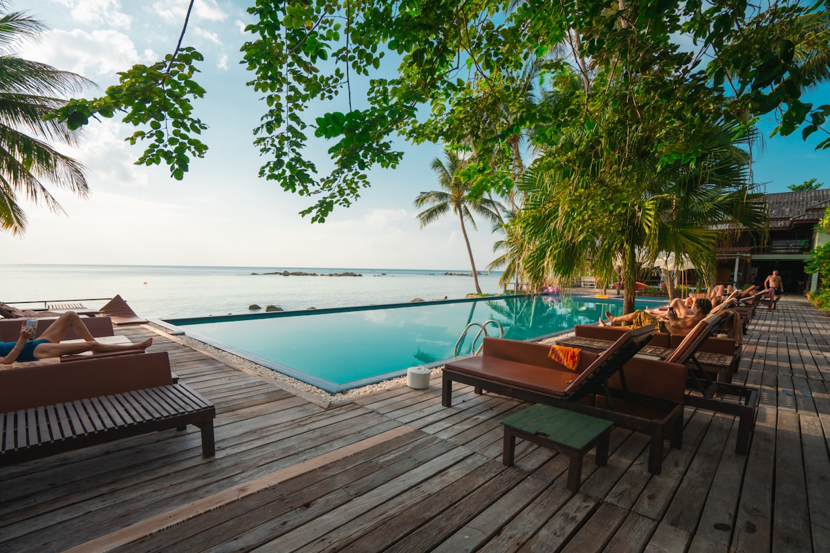 Beachside pool deck with ocean view