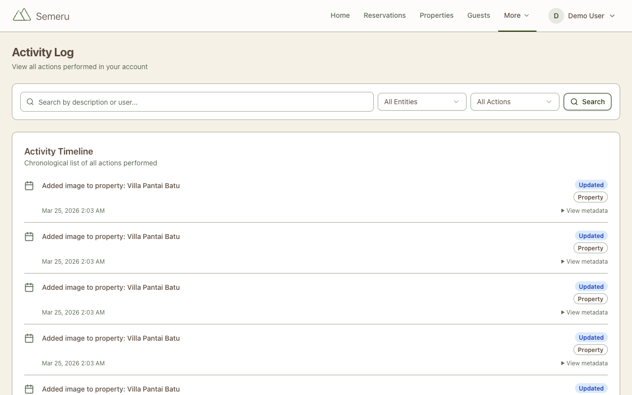 Activity log showing audit trail of all user actions