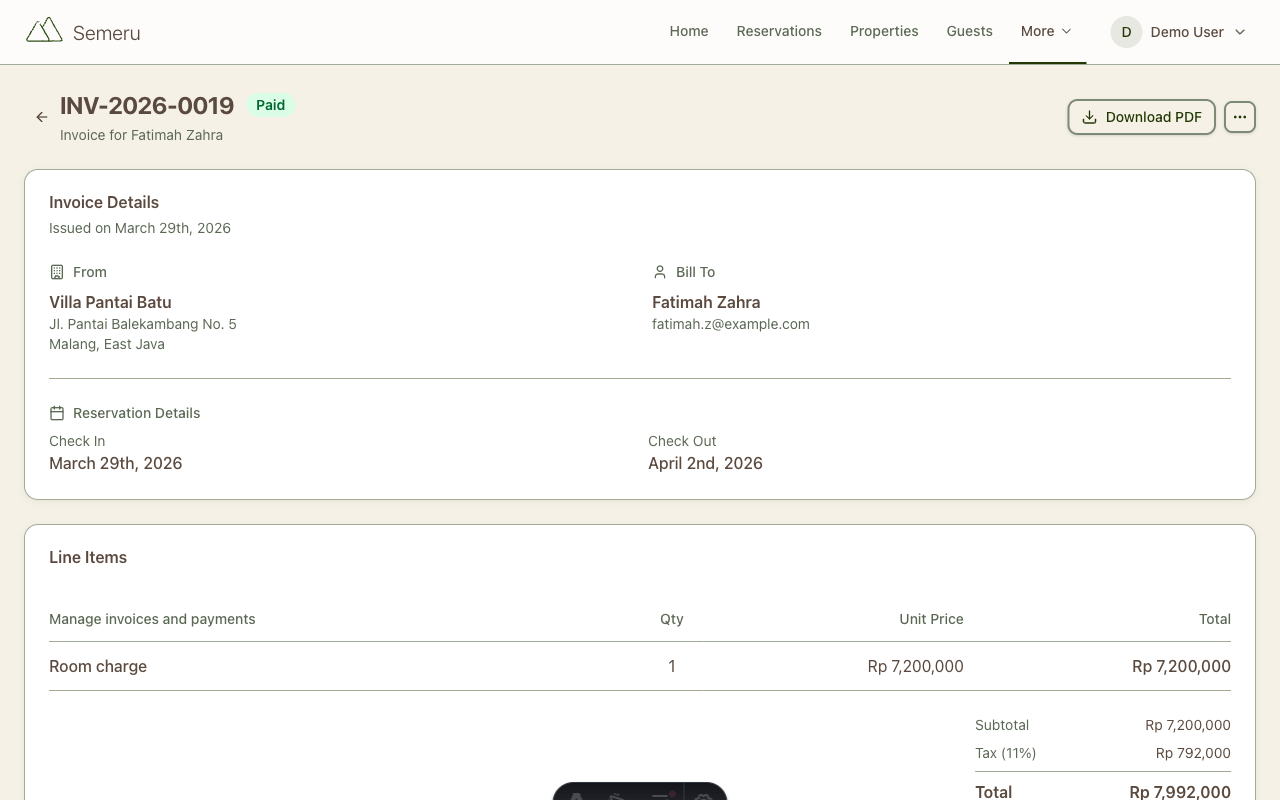 Invoice detail with line items, tax calculation, payment history, and PDF download