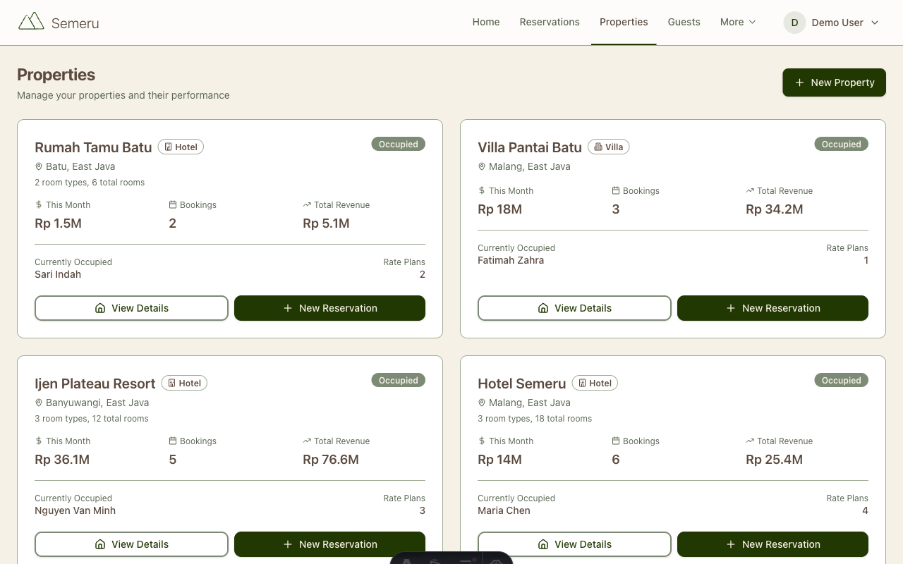Properties page showing all your properties with revenue, bookings, and occupancy status