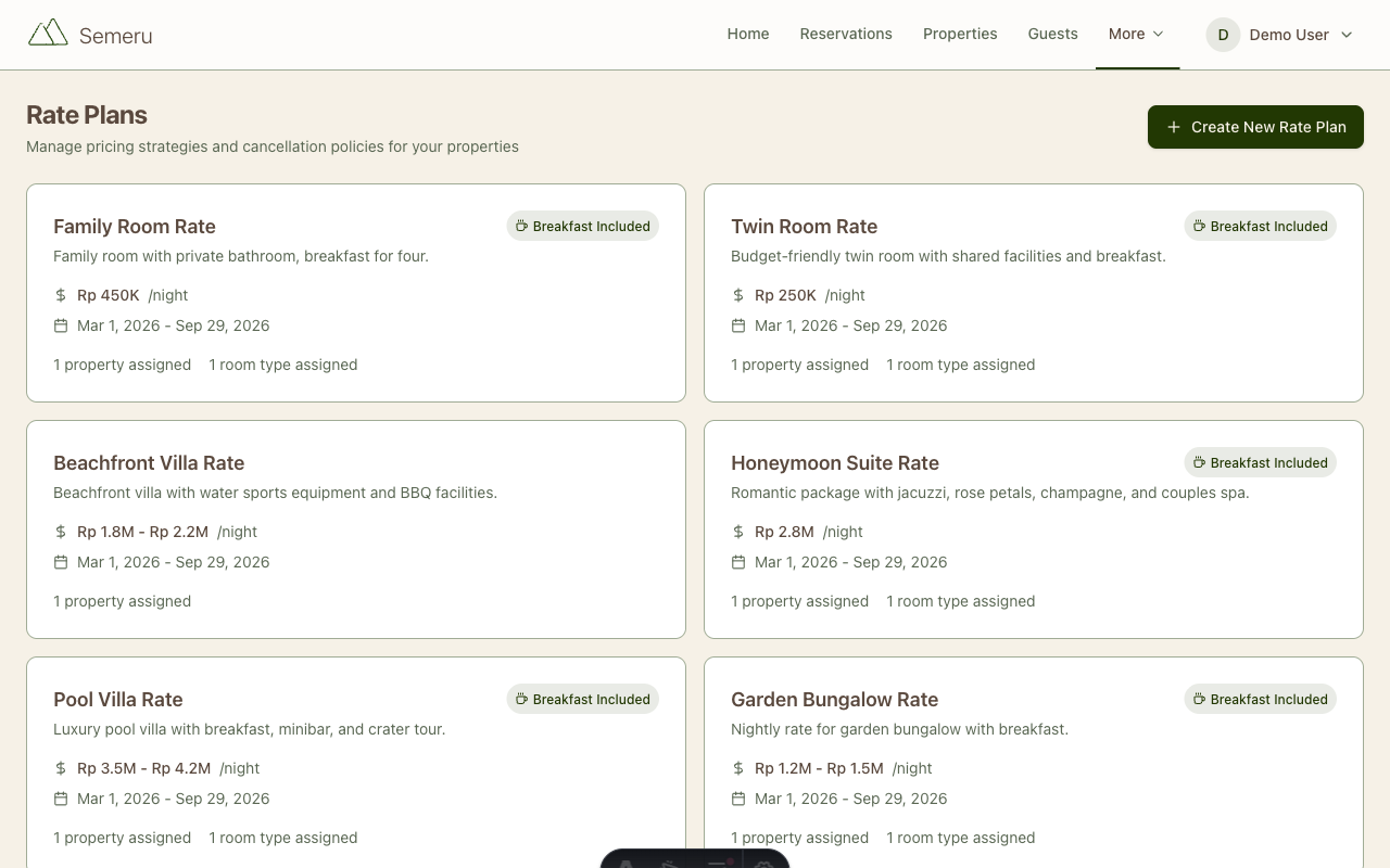 Rate Plans page showing all your pricing configurations with nightly rates and date ranges
