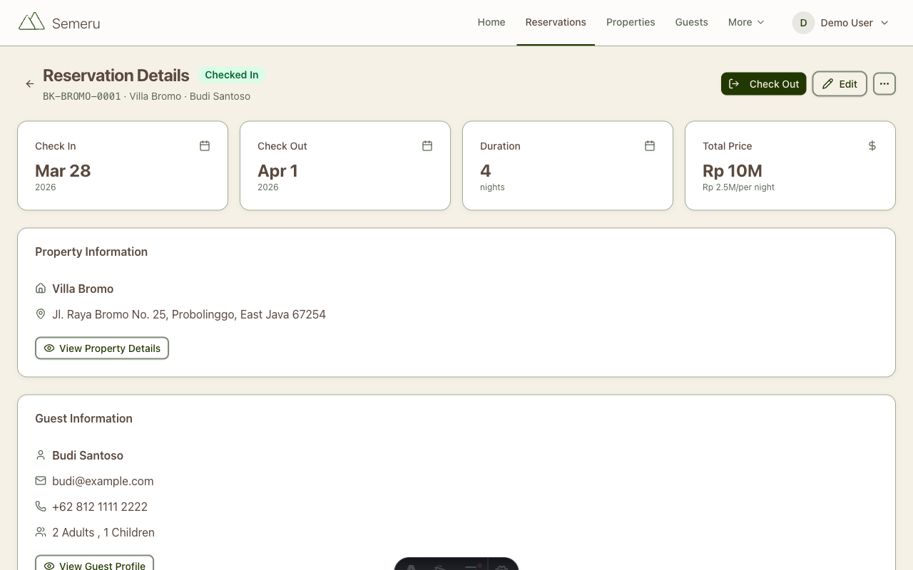 Reservation detail showing check-in/check-out dates, property info, guest details, and billing status