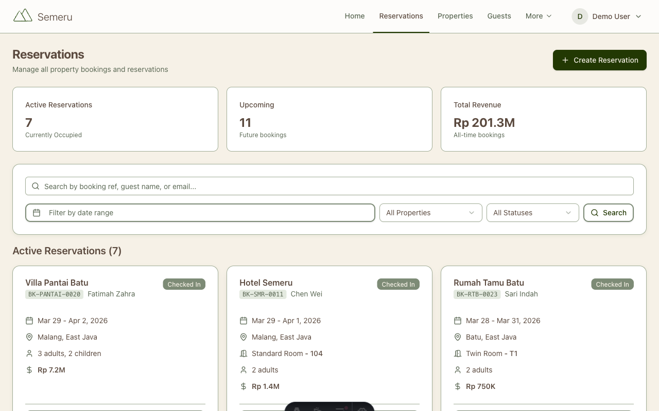 Reservations page showing active bookings with status badges, guest details, and filters