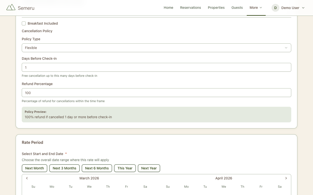 Cancellation policy configuration in rate plan creation form