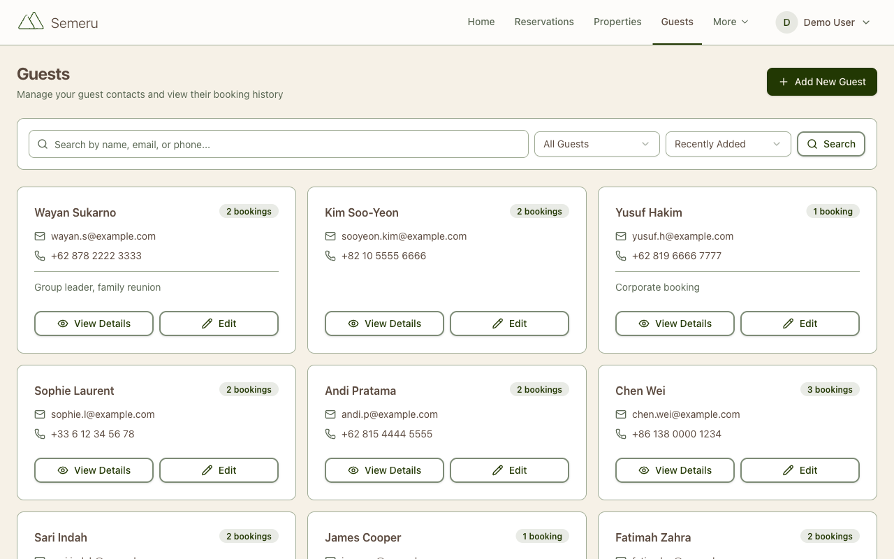 Guest management showing guest list with contact details and stay history