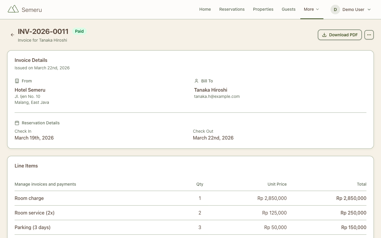 Invoice detail page with line items, taxes, and payment history