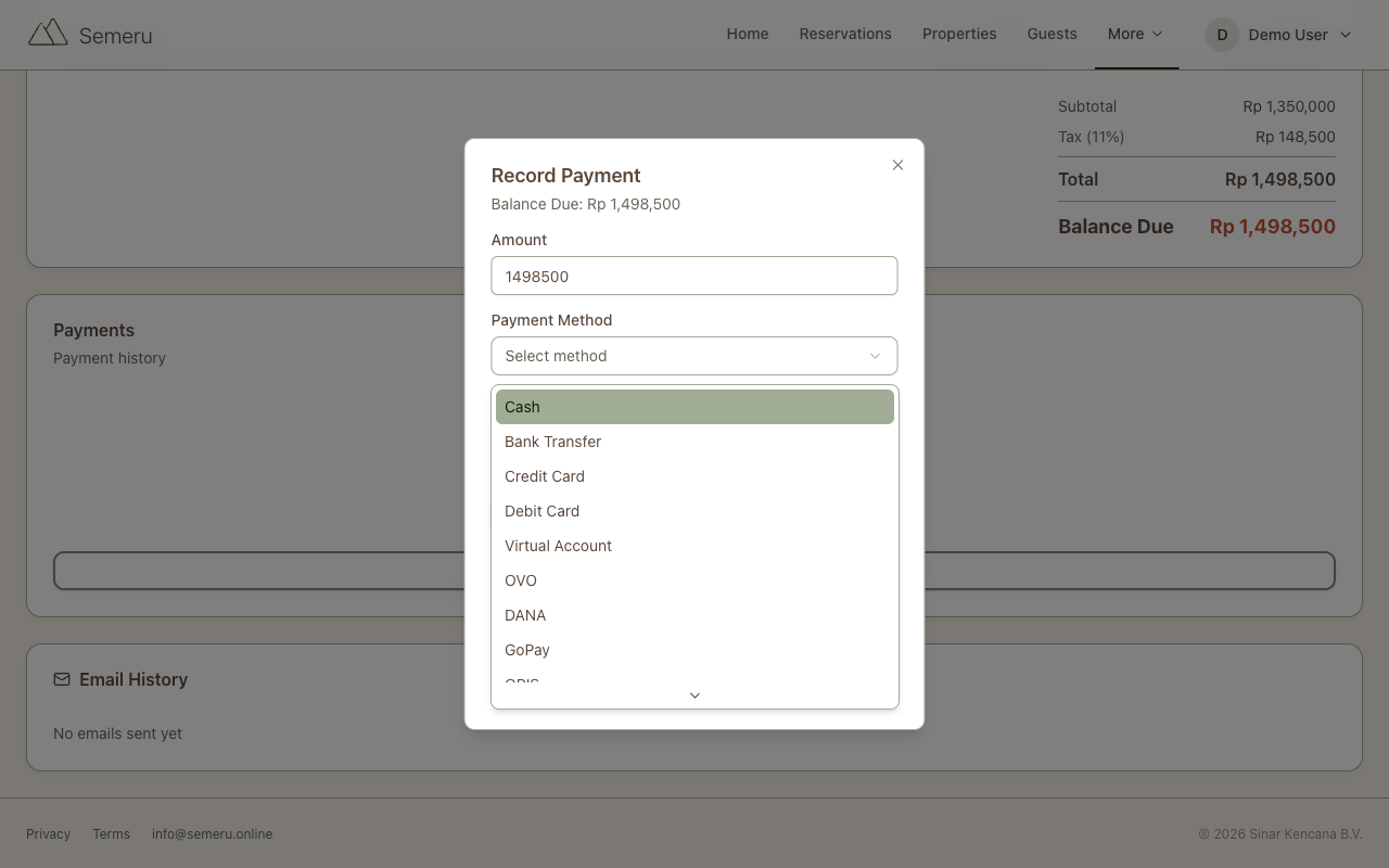 Payment recording form with multiple payment method options