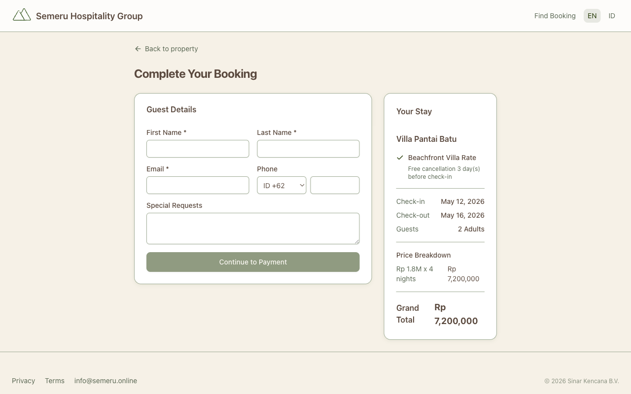 Guest checkout page with booking summary and price breakdown