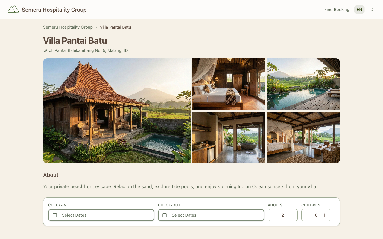 Public booking portal property page with photos and availability