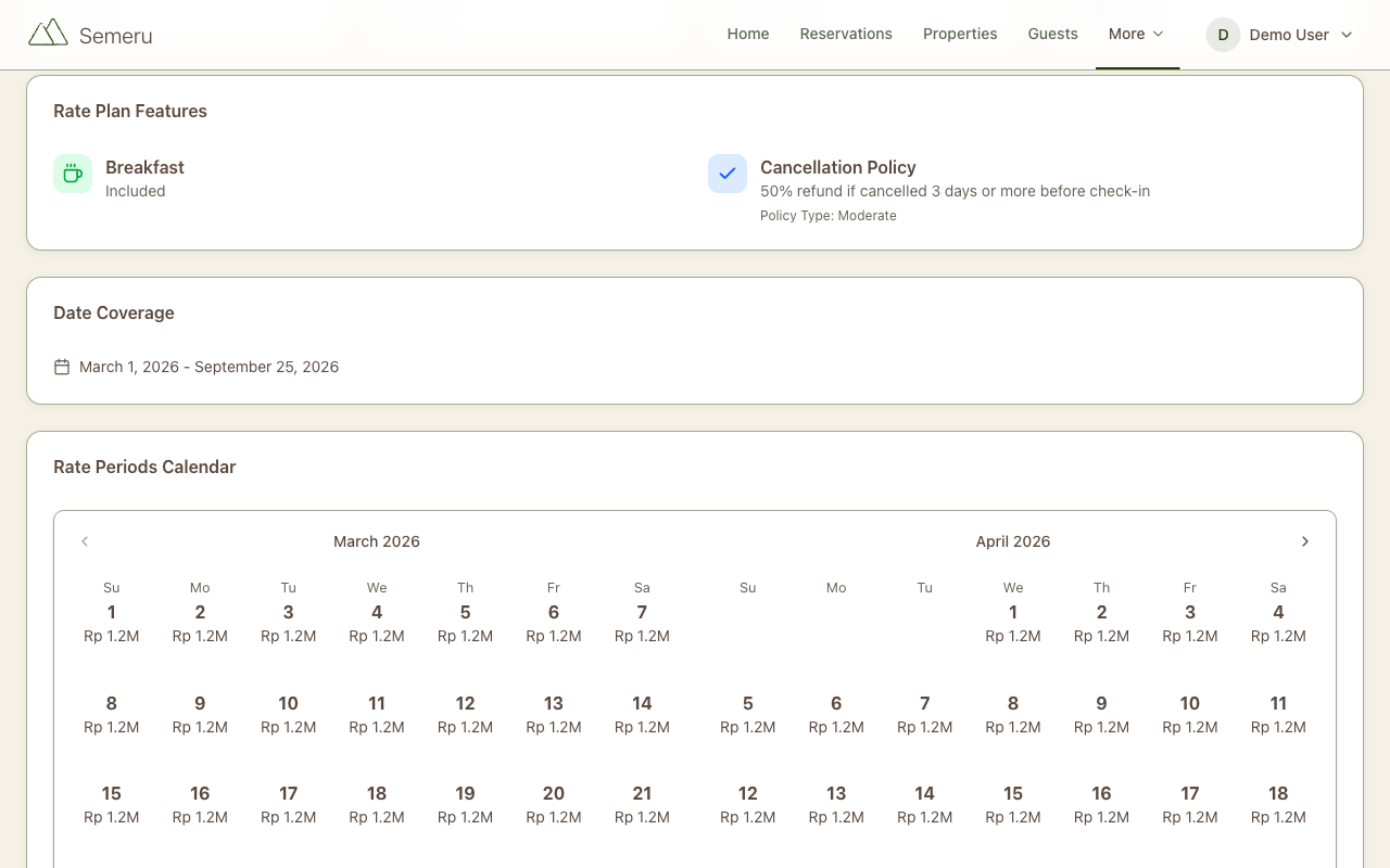 Rate periods calendar showing daily prices across months