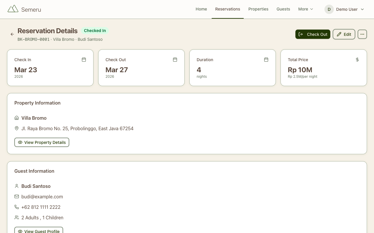 Reservation detail page with guest info, dates, and billing