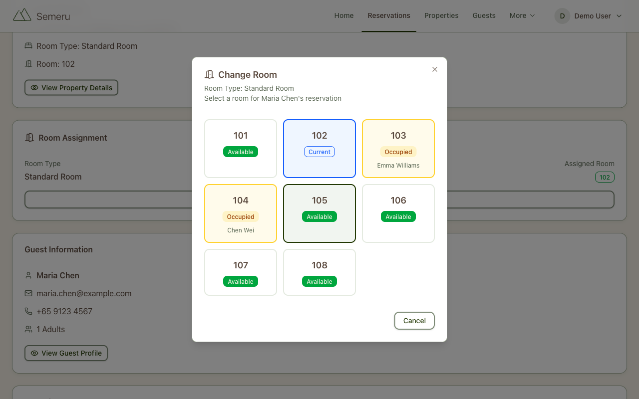 Room assignment modal showing available and occupied rooms