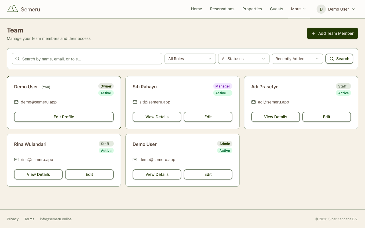 Team management showing members, roles, and invite functionality